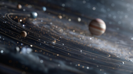 Fototapeta premium Stunning 3D illustration of a planetary system featuring complex orbits and vibrant planets reflecting unique textures. A colorful cosmic narrative unfolds with a dozen planets encapsulated in