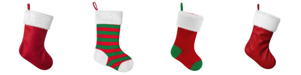 Festive Christmas Stocking Collection, Traditional Red and Green Holiday Sock Set with White Fur Trim, Isolated PNG on White Background © Sodani