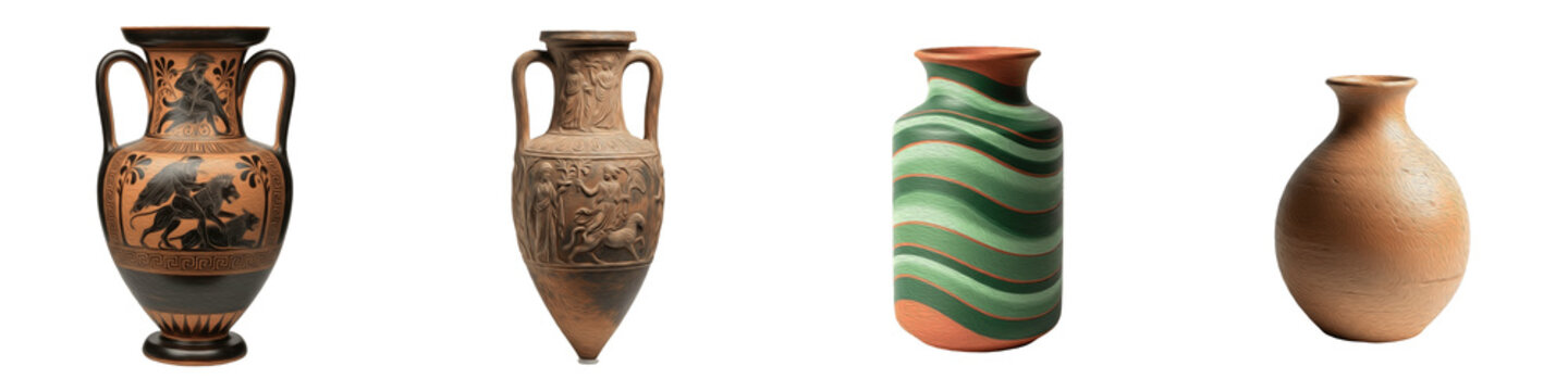 Set of Antique Clay Vases and Greek Amphorae, Ancient Pottery Collection for Historical and Interior Decor, Isolated PNG on White