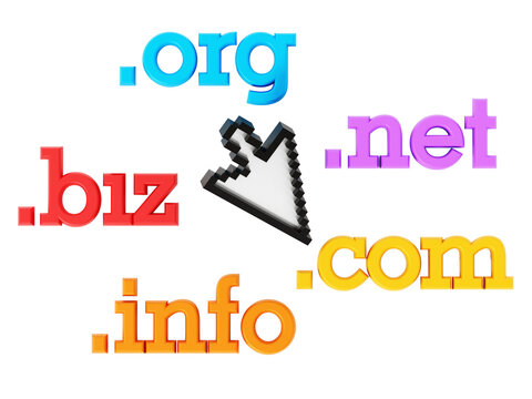 Domain names and cursor on transparent background. 3D illustration