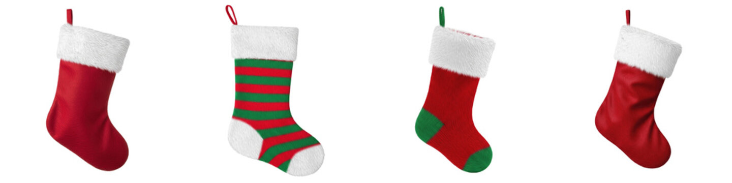 Festive Christmas Stocking Collection, Traditional Red and Green Holiday Sock Set with White Fur Trim, Isolated PNG on White Background