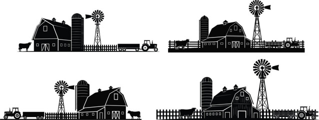 Silhouette of traditional farm landscape with barn silo windmill tractor and cow for rural agriculture countryside life and farming industry. © Tanzila