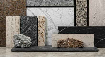 Assortment of stone and marble tiles for interior design.