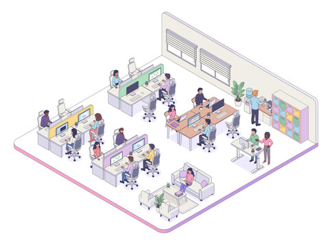 Isometric vector illustration of open space office interior. Corporate coworking scene with employees, workstations, meeting zone, and lounge for business web banner.