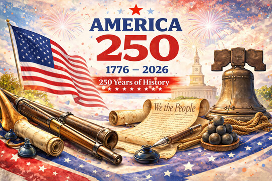 America 250 anniversary celebrating semiquincentennial history, national flag, Liberty Bell, Independence Hall, Constitution scroll, musket, fireworks, United States patriotic heritage 1776-2026