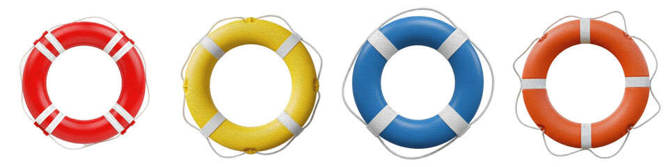 Set of Colorful Marine Lifebuoys with Safety Ropes, Nautical Life Ring Collection for Sea Rescue and Summer Decor, Isolated PNG on White © Sodani