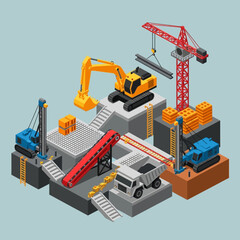 Isometric Construction Site with Heavy Machinery and Equipment.