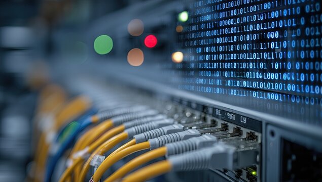 a close-up of network cables and data connections in an office, with binary code on the screen behind them, representing internet technology and communication Generative AI