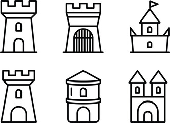 Castle tower line icons set medieval fortress buildings outline vector collection with turrets gates walls and historic architecture symbols © MST. HOSNE