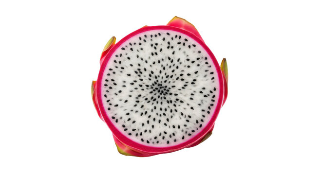 Vibrant slice of dragon fruit with pink skin and white flesh speckled with black seeds, isolated on a transparent background.