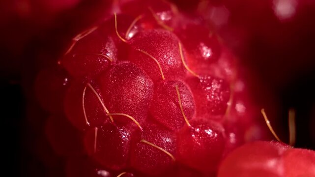 A slow zoom out reveals ripe red raspberry macro texture, exposing glossy surface detail and vivid color. The clean macro background works well for food advertising, motion visuals, abstract design.