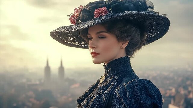Elegant woman in vintage black dress and hat over city.