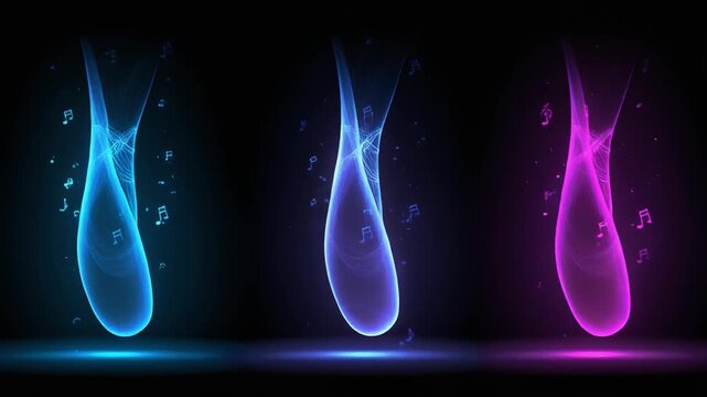 Glowing ballet shoes in blue, purple, and pink, surrounded by musical notes, on a black background