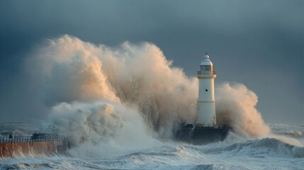 a giant wave crashing around a light house in the middle of the water
