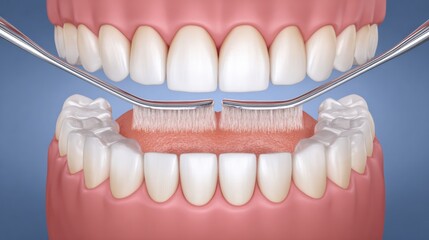 Obraz premium Proper Brushing Technique to Reduce Gingivitis Shown in Step-By-Step Visual With Clear Instructions and Clean Tools in a Dental Setting