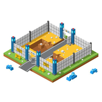 Isometric illustration of a prison yard with watchtowers and security fencing.