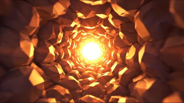 A tunnel crafted from angular stone, illuminated by a brilliant, radiant light at the end