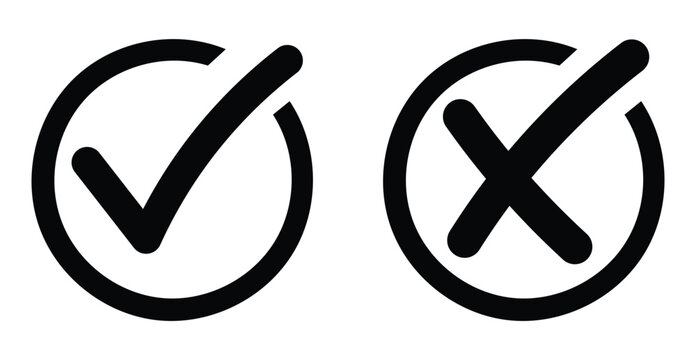 Checkmark and Cross Mark Icons: Simple black and white icons represent approval and disapproval. Clean, versatile symbols for a variety of applications.