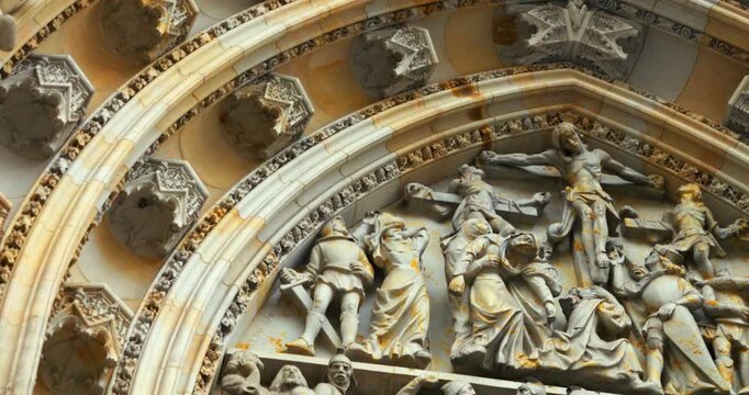 Close-up details of Prague Castle&rsquo;s historic architecture, engravings, and ornaments in the morning light. Blue winter atmosphere highlights the craftsmanship and Gothic-Baroque design.