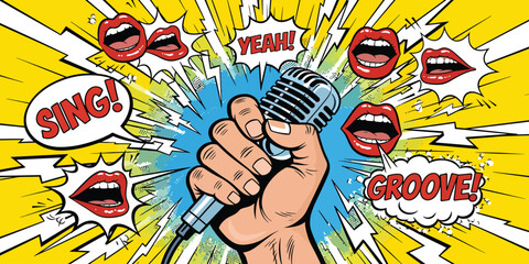 Colorful pop art comic book explosion vector illustration featuring people at a party with kids and cars for birthday decoration drawing design