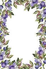 Blueberry border with green leaves on branch.Watercolor hand drawn . Ripe forest berry. Isolated frame botanical illustration for restaurant, cafe , card, book, wedding, farmers market