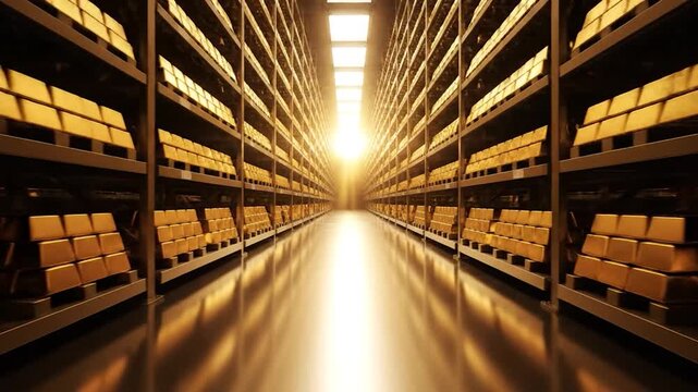 A gold vault interior with stacks of gold bars on shelves, bathed in light from the end