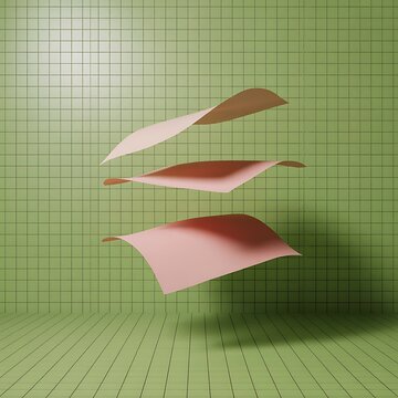 3d rendering of floating pink objects in grid space
