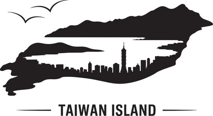 Naklejka premium Taiwan island silhouette featuring cityscape taipei 101 and mountains