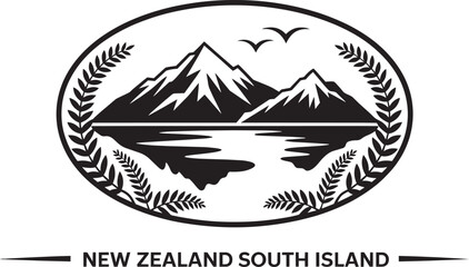 New zealand south island black white silhouette vector, mountains reflected in lake, birds