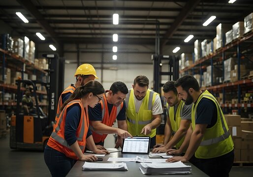 Warehouse team members review inventory records and logistics data on a portable computer with stacked shelves in the background