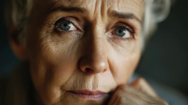 Elderly woman lost in thought while sitting indoors during a quiet afternoon looking out the window