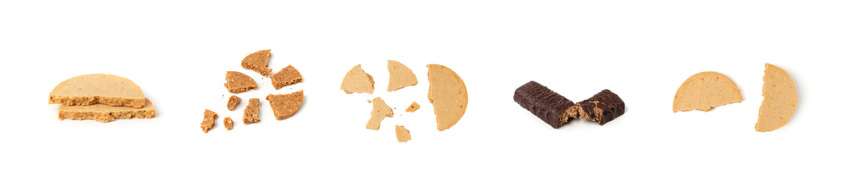 Protein cookie isolated, broken round energy snack with peanuts, chicory fibre