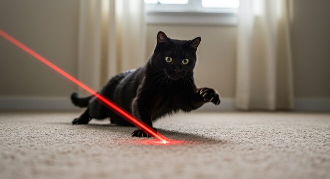 A black cat playing with a red laser pointer on the floor