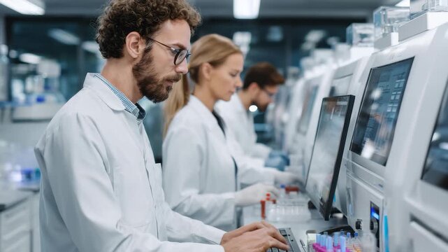 Team of research scientists analyze data and develop medical solutions in a laboratory setting during daylight hours
