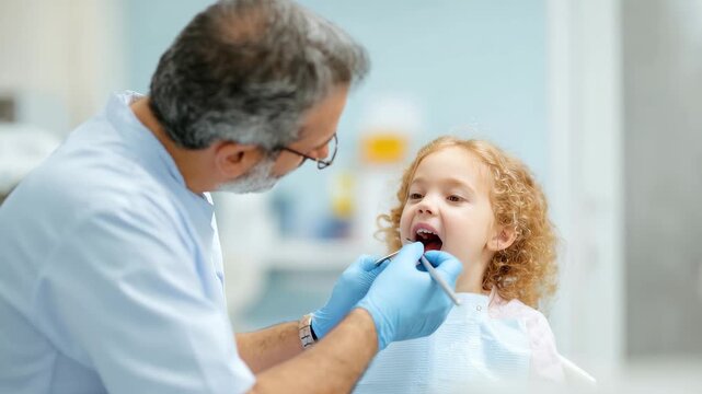 Pediatric dentist examines little girl patient in dental clinic setting during regular checkup visit