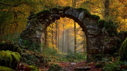Fototapeta premium Golden-hour archway opening to a misty autumn woodland