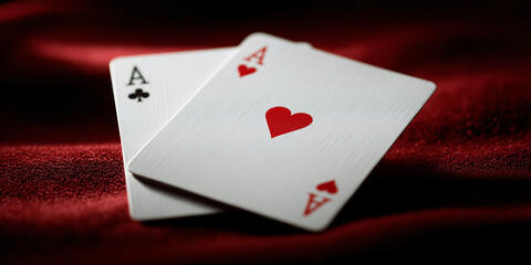 Obraz premium Two Ace cards displayed on a deep red background, symbolising luck and strategy. One card shows an Ace of hearts and the other shows an Ace of spades