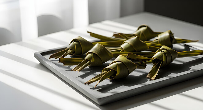 Dried pandan leaf knots arranged on stone tray in a clean minimalist indoor setting Isolated on White background