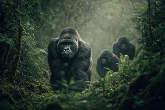 Gorilla family in misty forest with protective silverback in Africa