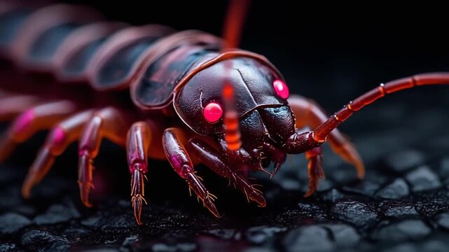 Macro shot of a centipede with glowing red eyes and body in shades of purple and orange on a dark surface