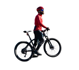 Naklejka premium Cyclist riding bicycle on road against clear sky. A man in an outfit stands with a bicycle on an autumn sunny day.
