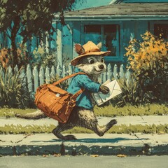 A sunny suburban street. A kangaroo wearing a mailman's hat and a large leather mail bag full of letters is hopping down the sidewalk.