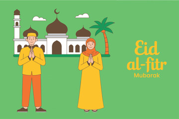 Fototapeta premium Eid al-Fitr Mubarak greeting card, Muslim couple celebrating Islamic holiday with mosque background, religious festival vector illustration