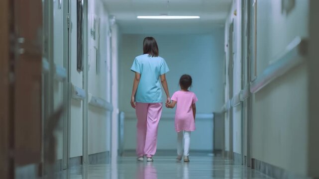 Walking together through a hospital corridor, a nurse guides a young patient along the quiet hall at the end of the day