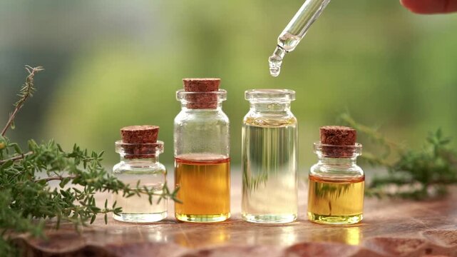 Drops of aromatherapy essential oil falling from a dropper into a glass bottle, with fresh thyme plant outdoors