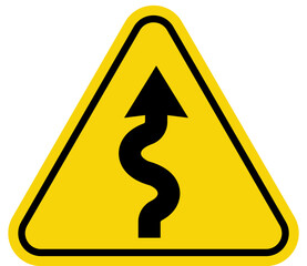 Winding road warning sign black arrow on yellow triangle indicating a hazardous curve ahead vector illustration for traffic safety and navigation