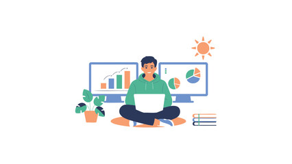 Fototapeta premium Businessman Sitting Cross-Legged with Laptop and Data Charts on Screens
