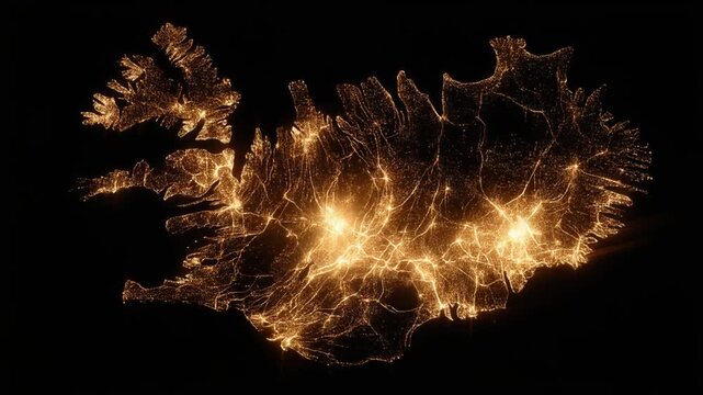 Illuminated map of a landmass against a black backdrop, showcasing population density with radiating light