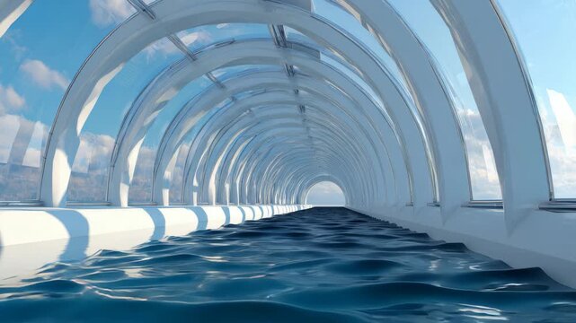 Modern glass tunnel with arches over water in a vibrant landscape during daytime showcasing the play of light and reflections