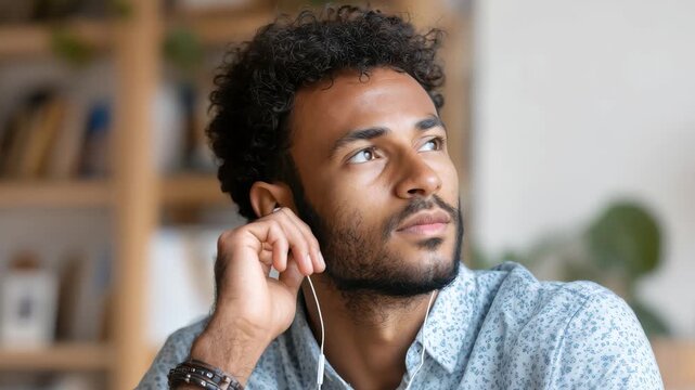 Man listens to colleague on laptop while sitting at desk in home office during daytime